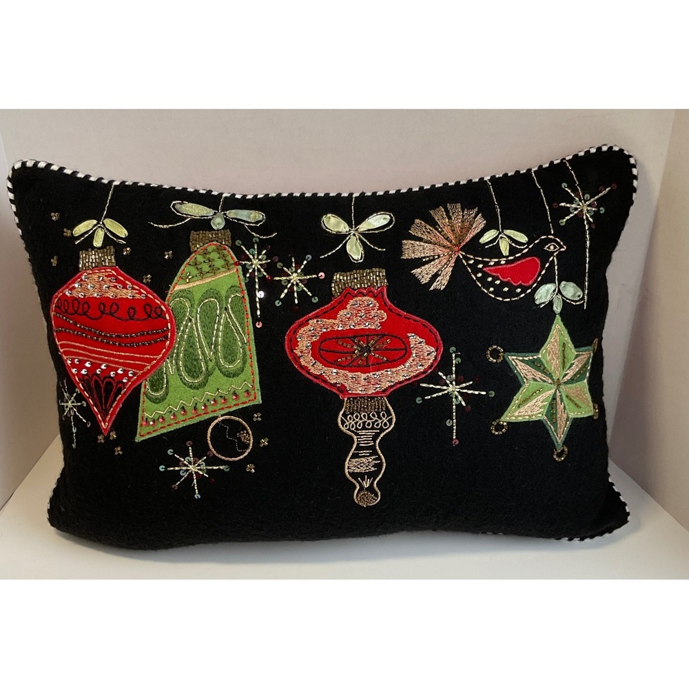 MacKenzie-Childs Bedford Falls Lumbar Pillow Christmas Beaded Wool 12x18